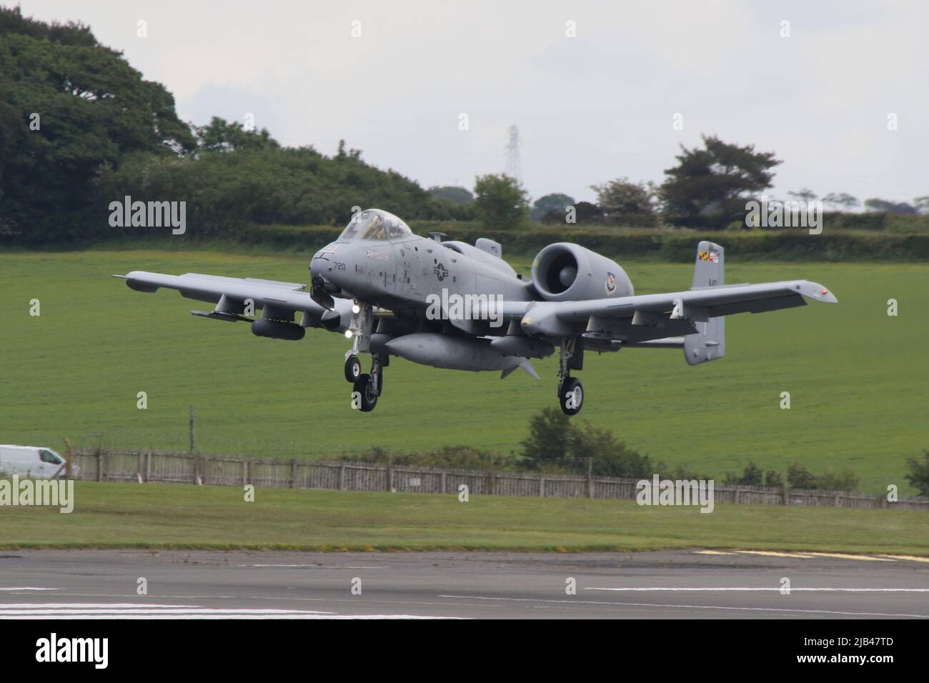 78-0720, a Fairchild Republic A-10C Thunderbolt II (or Warthog) operated by the 175th Wing of the Maryland Air National Guard of the United States Air Force, arriving at Prestwick International Airport in Ayrshire. The aircraft was one of ten A-10Cs routing through Prestwick on their journey from Latvia back to the USA, after participating in Exercise Swift Response. Stock Photo