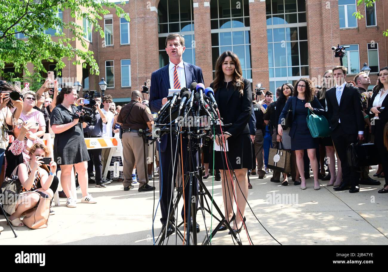 Johnny Depp lawyers Benjamin G. Chew, left, and Camille Vasquez, right, make statements outside the Fairfax County Courthouse, in Fairfax, Virginia after the jury verdict was announced on Wednesday, June 1, 2022. Johnny Depp Depp brought a defamation lawsuit against his former wife, actress Amber Heard, after she wrote an op-ed in The Washington Post in 2018 that, without naming Depp, accused him of domestic abuse.Credit: Ron Sachs/CNP/Sipa USA (RESTRICTION: NO New York or New Jersey Newspapers or newspapers within a 75 mile radius of New York City) Stock Photo