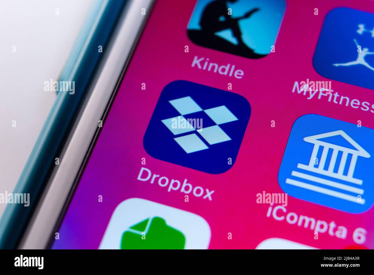 Kumamoto, JAPAN - Dec 23 2020 : Dropbox app, a file hosting service operated by Dropbox, Inc., headquartered in San Francisco, California, on iPhone Stock Photo