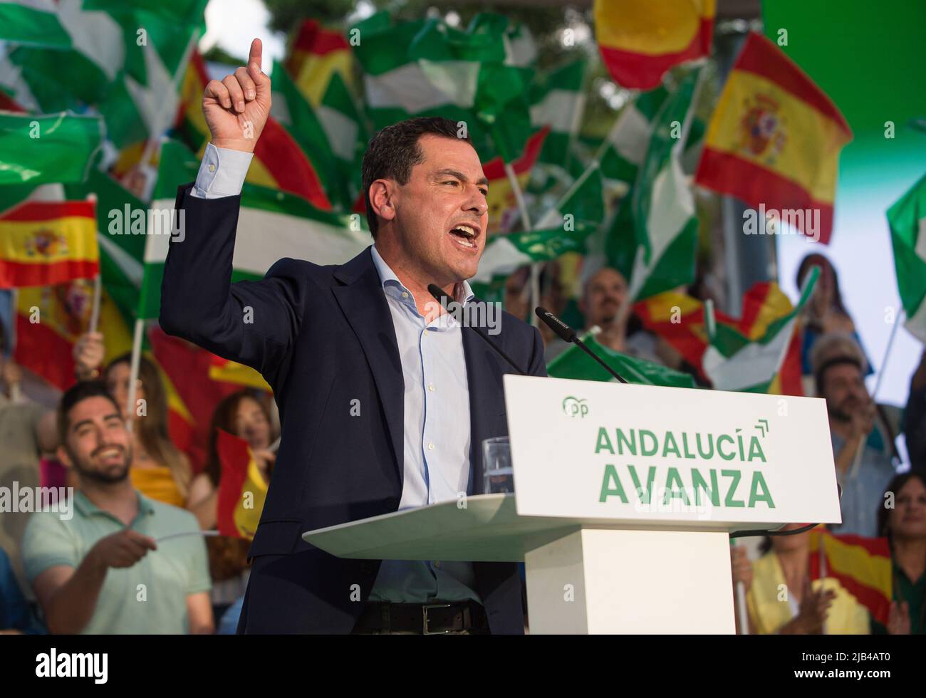 Andalusian president Juanma Moreno, and candidate for the reelection to lead the Andalusian regional government is seen delivering a speech during the start of the Andalusian electoral campaign. After announcing regional elections in Andalusia are to be held on 19th June, the main political parties have started holding events and rallies in different cities in Andalusia. Several media polls place the Andalusian Popular Party in the lead, despite the rise of the Spanish far-right party VOX. Parties on the left of the political spectrum are fragmented Stock Photo