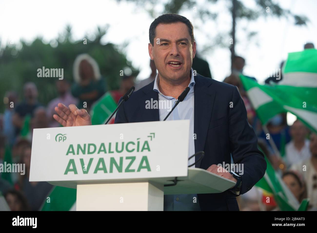 Andalusian president Juanma Moreno, and candidate for the reelection to lead the Andalusian regional government is seen delivering a speech during the start of the Andalusian electoral campaign. After announcing regional elections in Andalusia are to be held on 19th June, the main political parties have started holding events and rallies in different cities in Andalusia. Several media polls place the Andalusian Popular Party in the lead, despite the rise of the Spanish far-right party VOX. Parties on the left of the political spectrum are fragmented Stock Photo