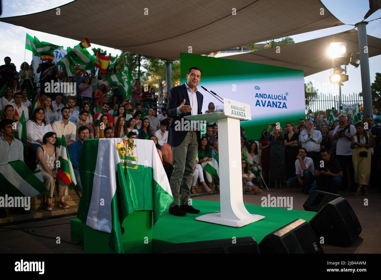 Andalusian president Juanma Moreno, and candidate for the reelection to lead the Andalusian regional government is seen delivering a speech during the start of the Andalusian electoral campaign. After announcing regional elections in Andalusia are to be held on 19th June, the main political parties have started holding events and rallies in different cities in Andalusia. Several media polls place the Andalusian Popular Party in the lead, despite the rise of the Spanish far-right party VOX. Parties on the left of the political spectrum are fragmented Stock Photo