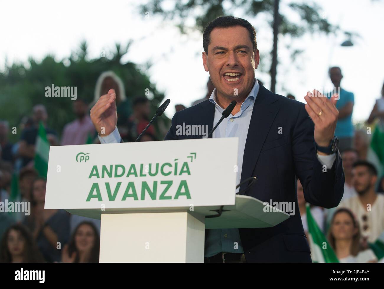 Andalusian president Juanma Moreno, and candidate for the reelection to lead the Andalusian regional government is seen delivering a speech during the start of the Andalusian electoral campaign. After announcing regional elections in Andalusia are to be held on 19th June, the main political parties have started holding events and rallies in different cities in Andalusia. Several media polls place the Andalusian Popular Party in the lead, despite the rise of the Spanish far-right party VOX. Parties on the left of the political spectrum are fragmented (Photo by Jesus Merida/SOPA Images/Sipa US Stock Photo