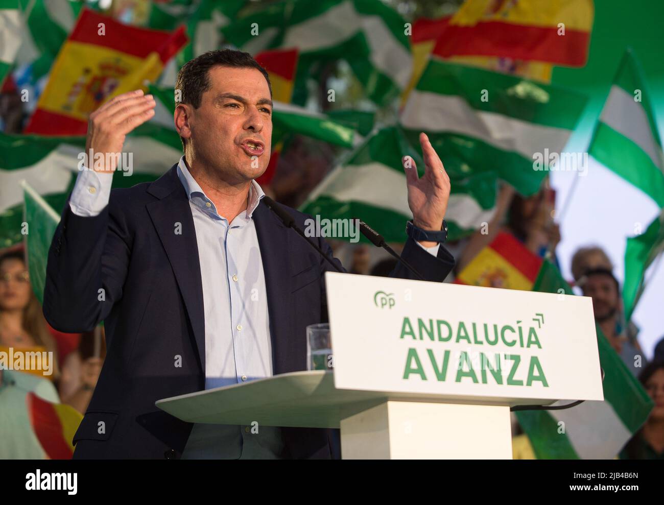 Andalusian president Juanma Moreno, and candidate for the reelection to lead the Andalusian regional government is seen delivering a speech during the start of the Andalusian electoral campaign. After announcing regional elections in Andalusia are to be held on 19th June, the main political parties have started holding events and rallies in different cities in Andalusia. Several media polls place the Andalusian Popular Party in the lead, despite the rise of the Spanish far-right party VOX. Parties on the left of the political spectrum are fragmented (Photo by Jesus Merida/SOPA Images/Sipa US Stock Photo