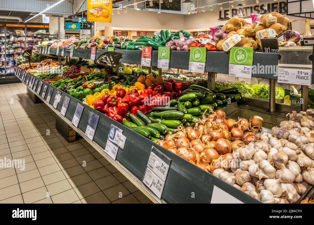 Interior of Super U French Supermarket, fresh food department Stock Photo