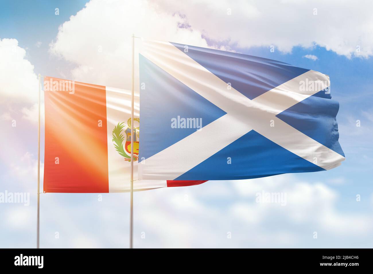 Sunny blue sky and flags of scotland and peru Stock Photo - Alamy