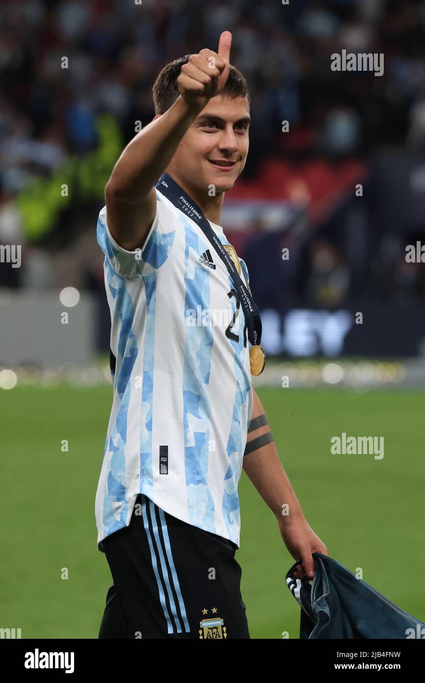 London, England, 1st June 2022. Paulo Dybala of Argentina salutes the fans as the team makes a lap of honour following trophy presentation ceremony of the CONMEBOL-UEFA Cup of Champions match at Wembley Stadium, London. Picture credit should read: Jonathan Moscrop / Sportimage Credit: Sportimage/Alamy Live News Stock Photo