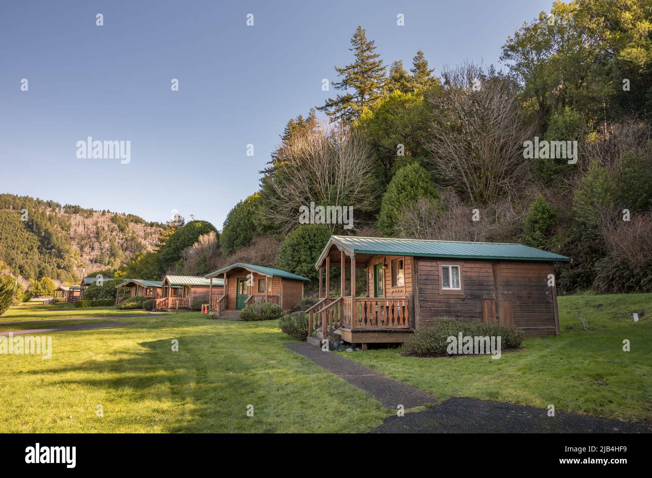 Wooden cabins for rent at a RV Park in Oregon Stock Photo