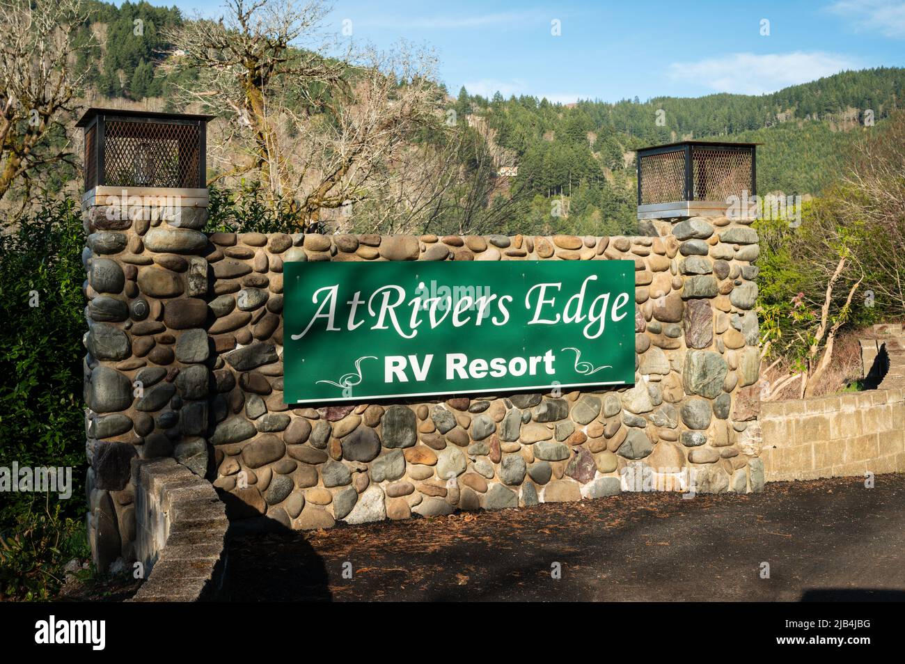 At Rivers Edge RV Resort in Brookings Oregon entrance sign.  Stock Photo