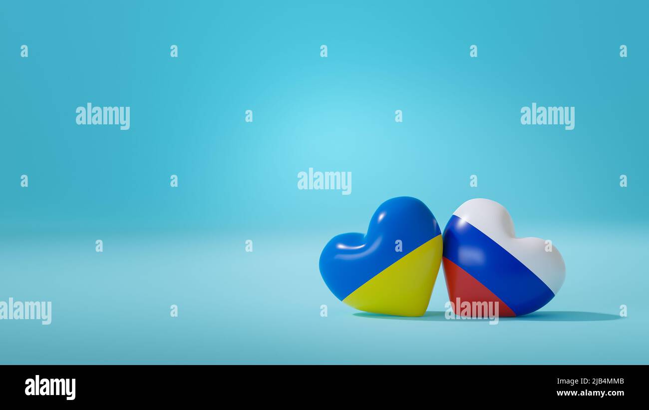 Hearts in ukrainian and russian flag colors. symbol of empathy. war conflict 2022 - Stop war - 3D-Illustration Stock Photo