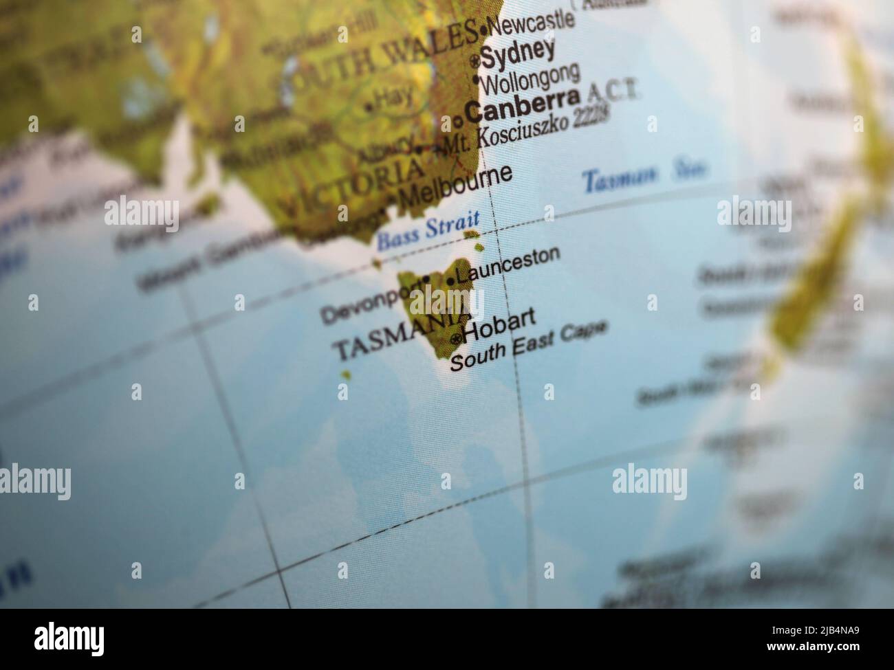 Closeup of Tasmania on a world globe. Deliberate Shallow depth of field Stock Photo