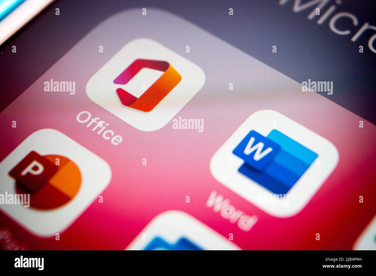 Closeup Office app on iPhone. Office is a family of client / server software by Microsoft. It was first announced by Bill Gates on Aug. 1 1988 Stock Photo