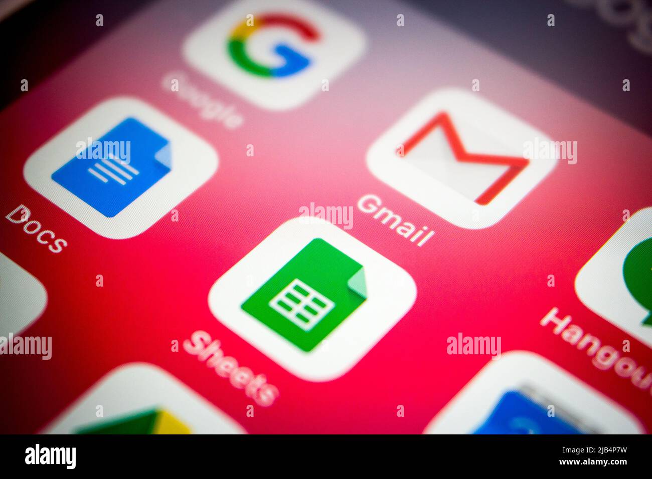 Kumamoto, Japan - Apr 5 2020 : Close up of Gmail app with other services by Google on IOS. Gmail is a free email service developed by Google. Stock Photo