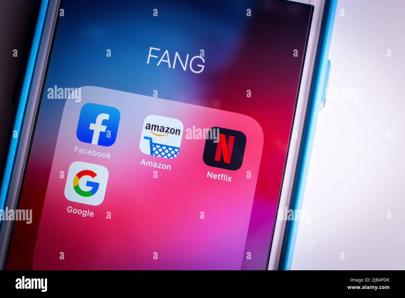 Kumamoto, Japan - Apr 23 2020 : Image of FANG Big Tech icons (Facebook, Amazon, Netflix & Google) on iPhone screen. FANG is an acronym /a buzzword. Stock Photo