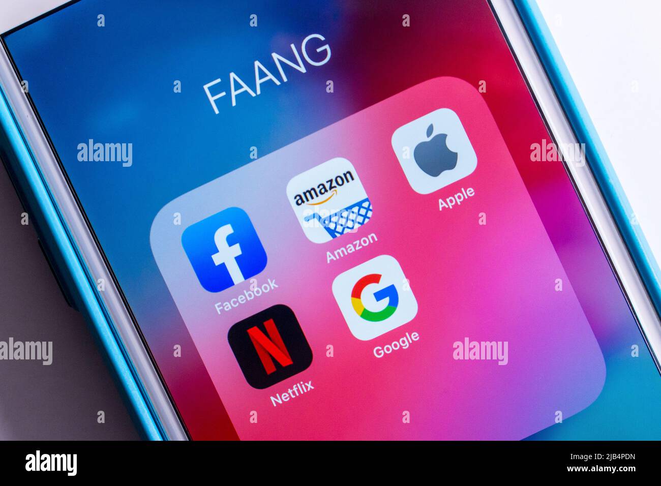 Kumamoto, Japan - Apr 23 2020 : Image of FAANG Big Tech icons (Facebook, Amazon, Apple, Netflix & Google) on iPhone. FAANG is an acronym /a buzzword. Stock Photo
