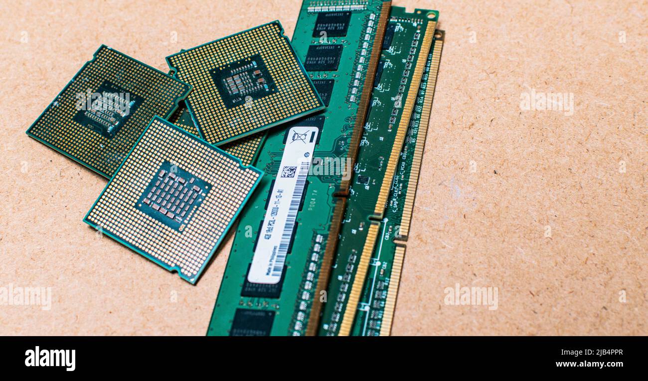 RAM memories with computer microprocessors isolated, processors and ram memories on isolated background, concept of ram memories and processors on Stock Photo