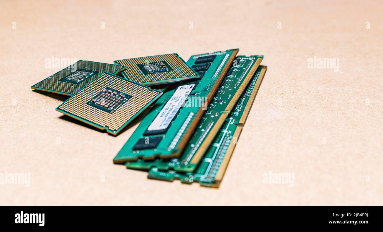 Processors and ram memories on isolated background, concept of ram memories and processors on isolated background, RAM memories with computer Stock Photo