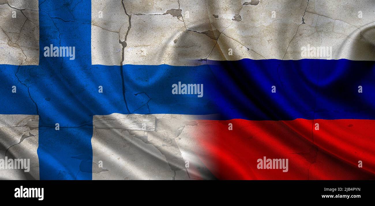 Flag of Russia vs Finland, concept of confrontation between Russia and Finland, cracked wall with flag of russia and finland, confrontation between Stock Photo