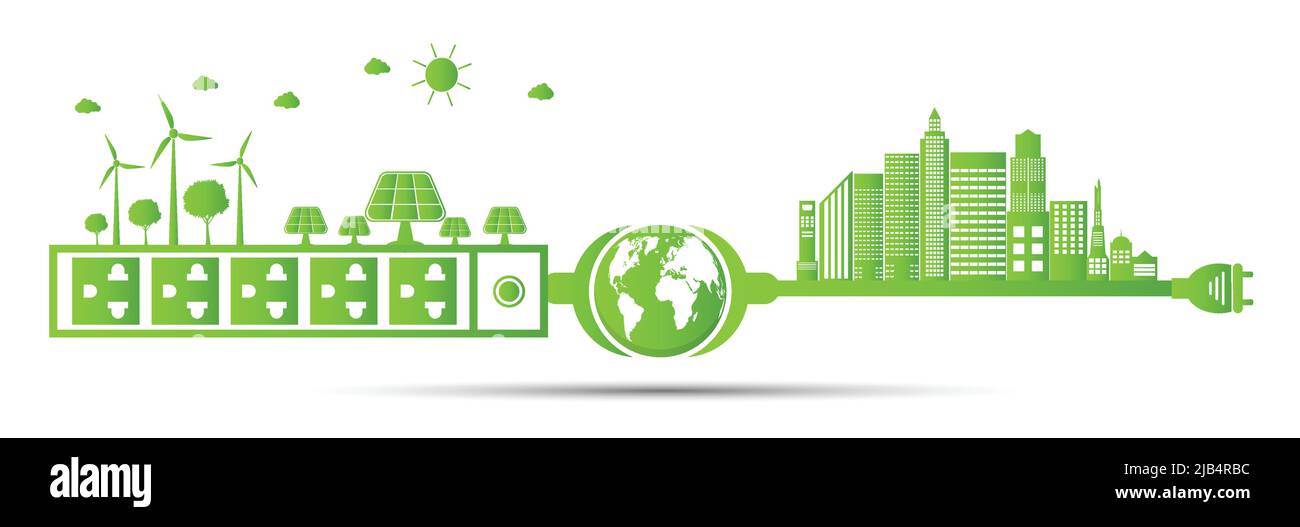 Ecology town concept and environment With Power plug green eco Stock ...