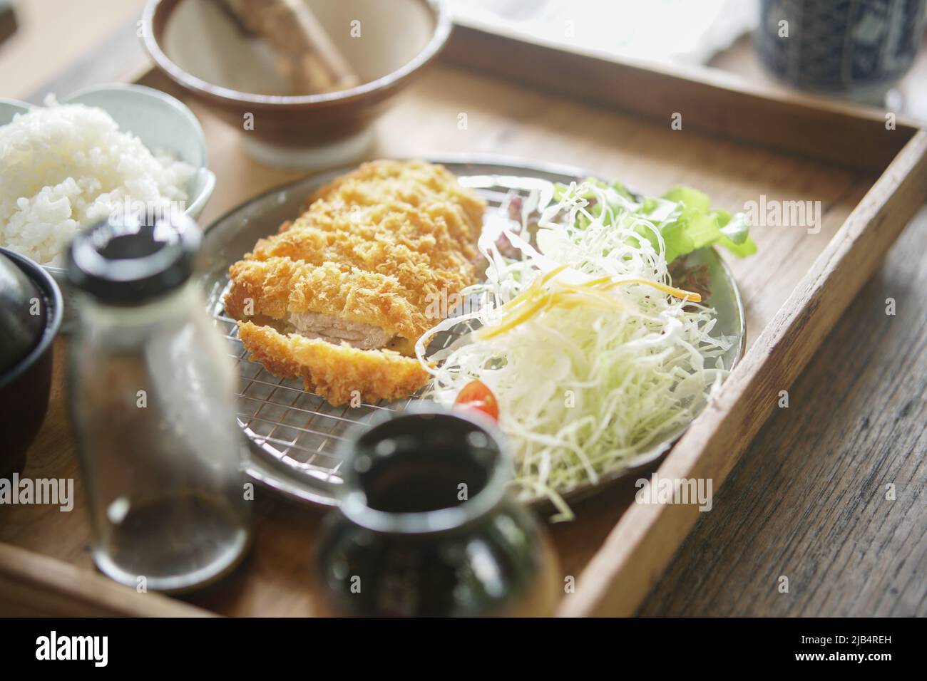 deep fried crispy pork cutlet with cabbage rice japanese food Tonkatsu set Stock Photo