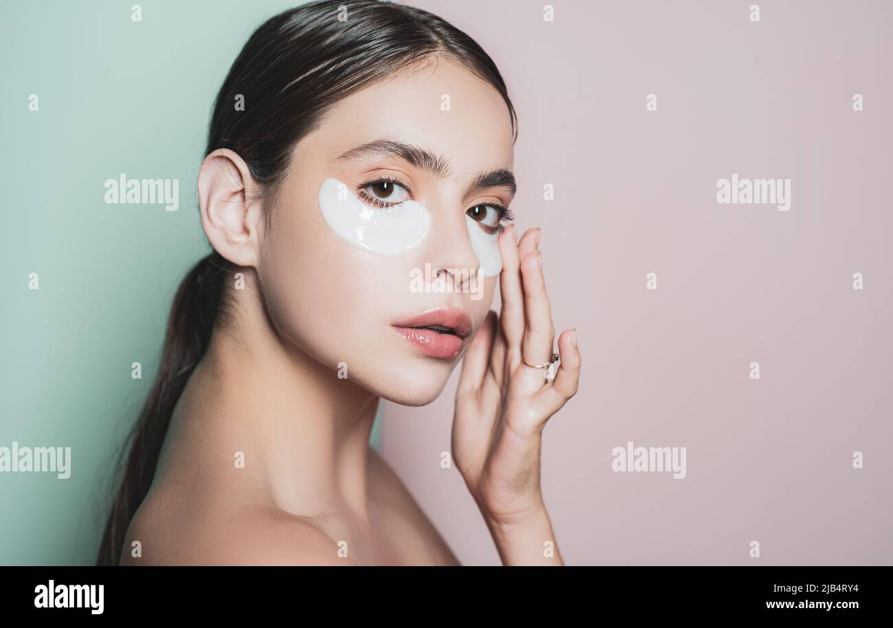 Beauty girl face with flakes under the eyes. Womans flakes. Patches