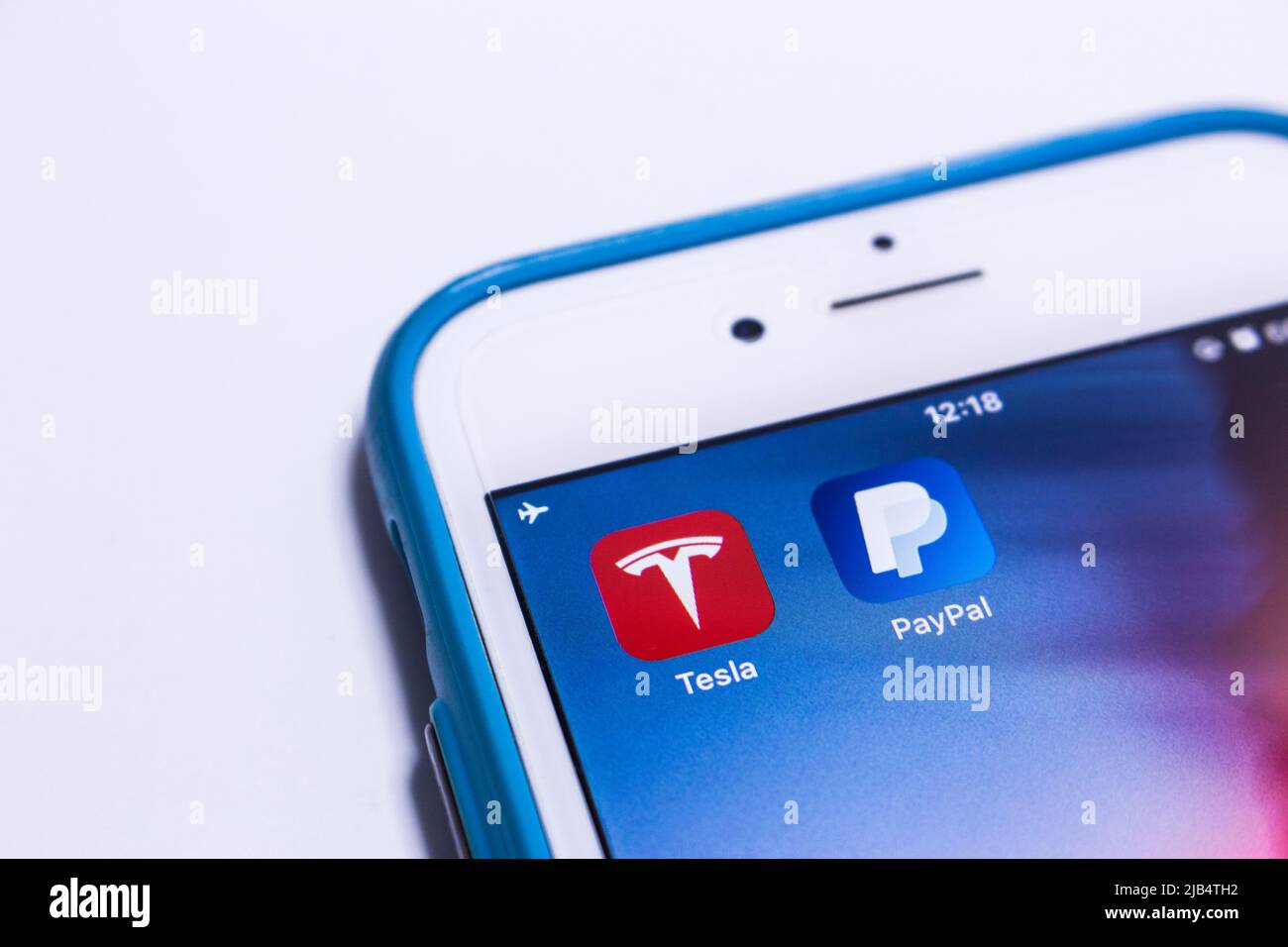 Kumamoto, Japan - Feb 7 2020: Tesla & Paypal apps on an iPhone. Elon Musk is the founder of Tesla, Inc. Stock Photo