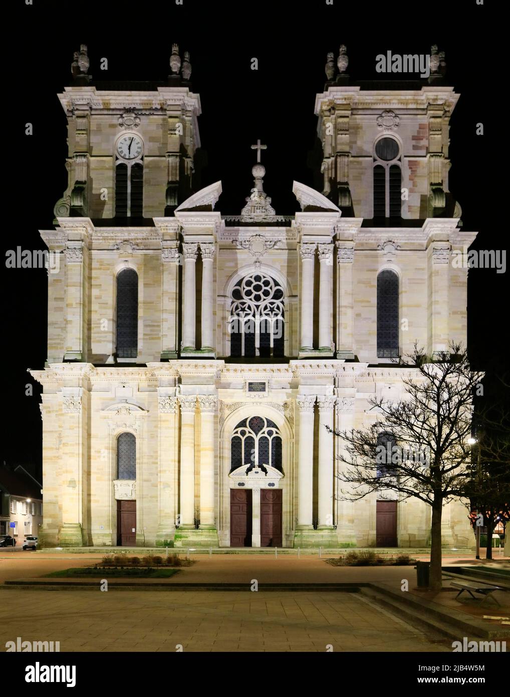 Main facade baroque collegiate church Eglise Notre Dame at night, Vitry-le-Francois, Marne department, Grand Est region, France Stock Photo