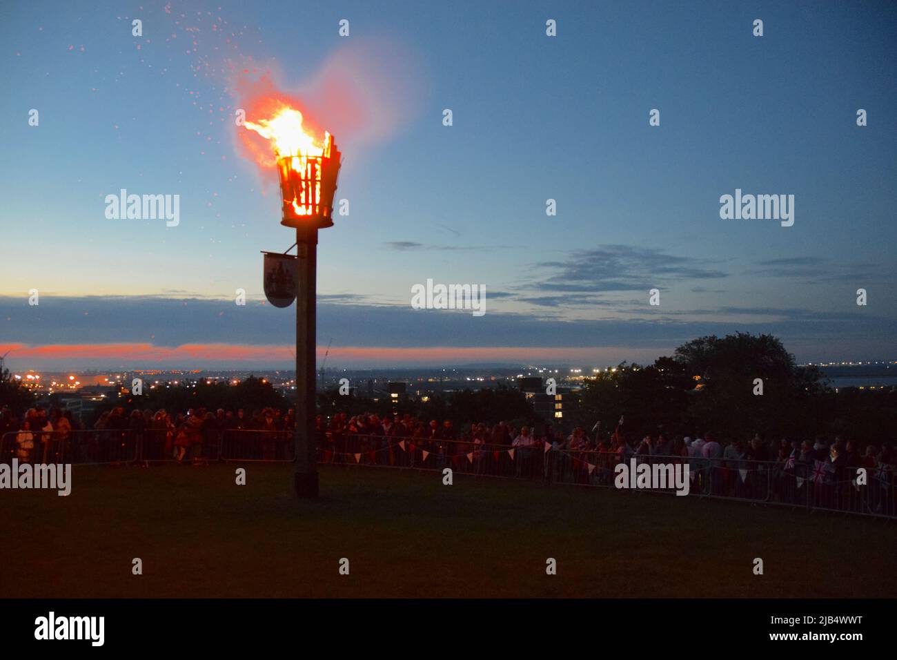 02/06/2022 Gravesend UK The beacon on Windmill Hill Gravesend was lit at 9.45pm this evening by The Mayor of Gravesham Borough Council Cllr Peter Scol Stock Photo