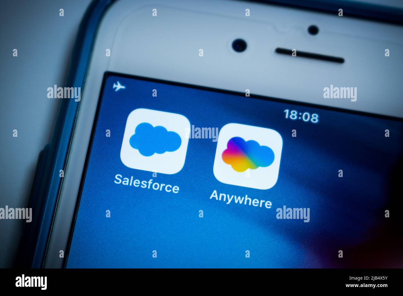 Salesforce app, an US cloud-based software company headquartered in San Francisco, California, with Salesforce Anywhere app on an iOS. Stock Photo