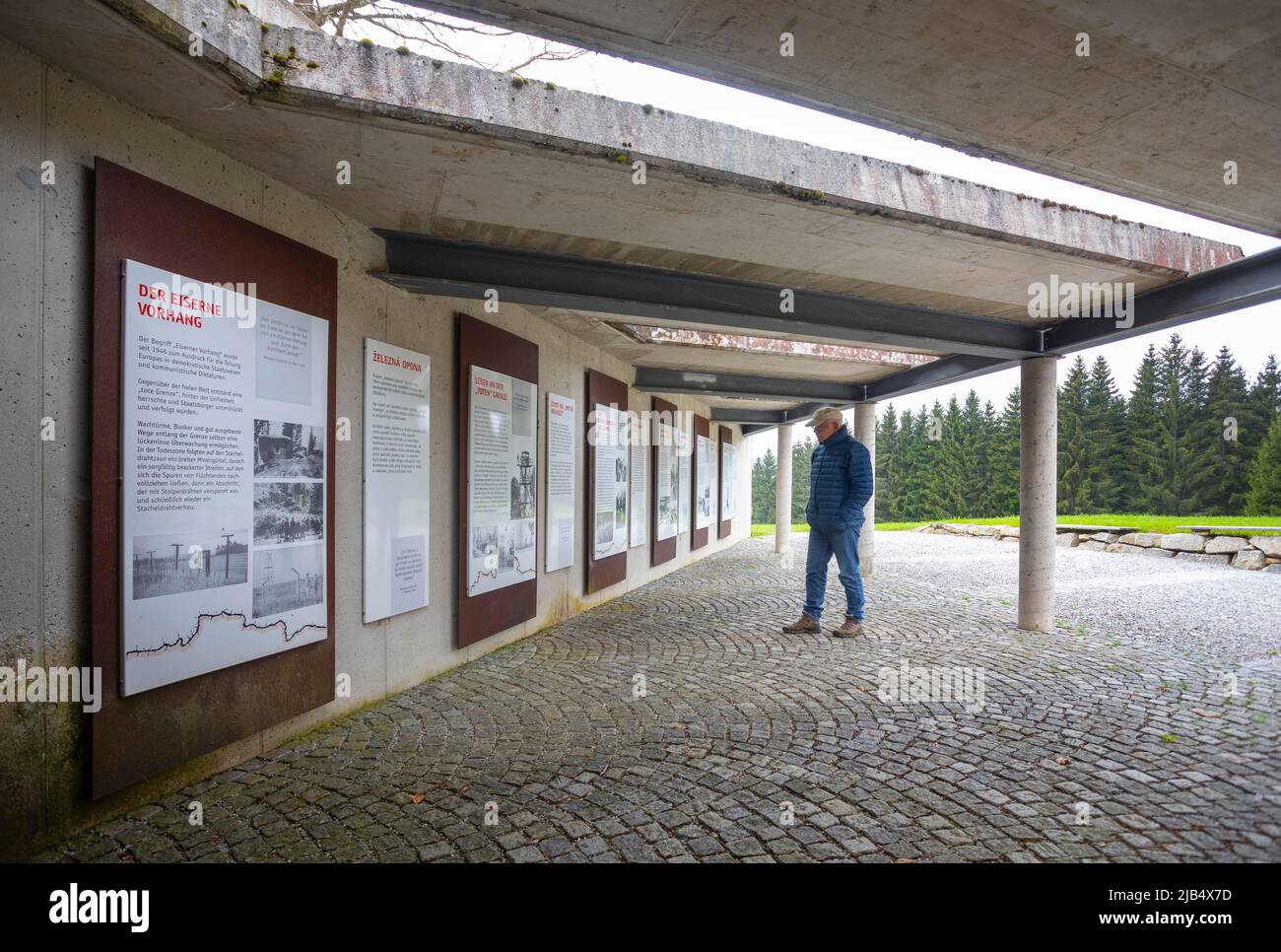 Hikers in front of the information boards of the Iron Curtain Memorial at  the Guglwald border crossing, Muehlviertel region, Upper Austria, Austria  Stock Photo - Alamy