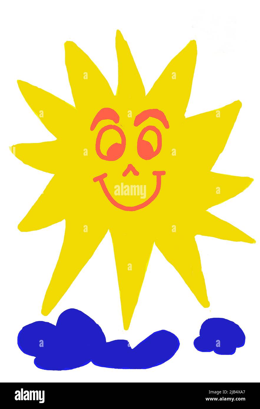 Illustration, Children drawing, Laughing sun with clouds Stock Photo
