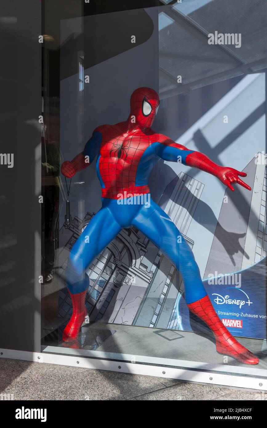 Spider-Man as an advertising figure in a shop window, Bavaria, Germany Stock Photo