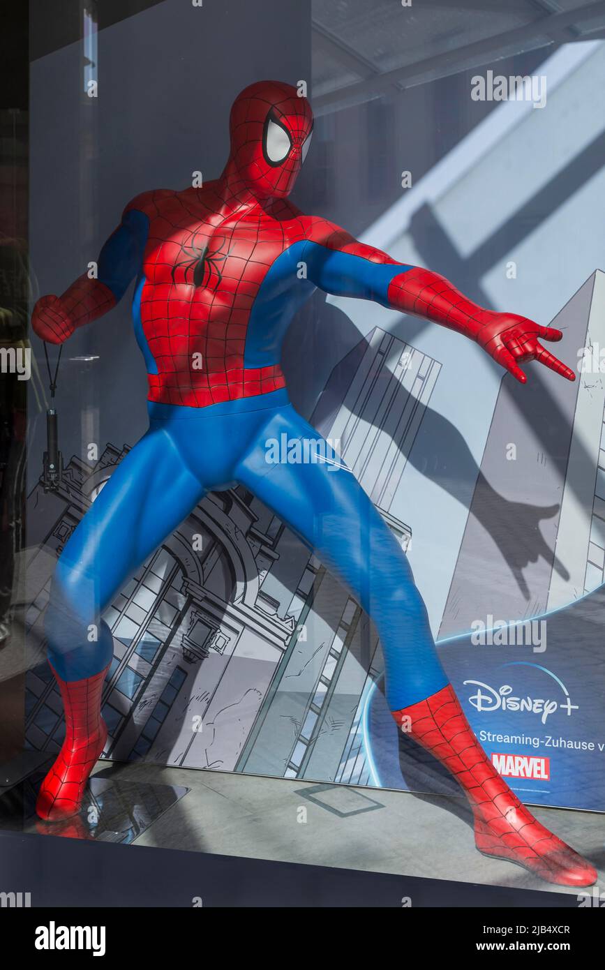 Spider-Man as an advertising figure in a shop window, Bavaria, Germany Stock Photo