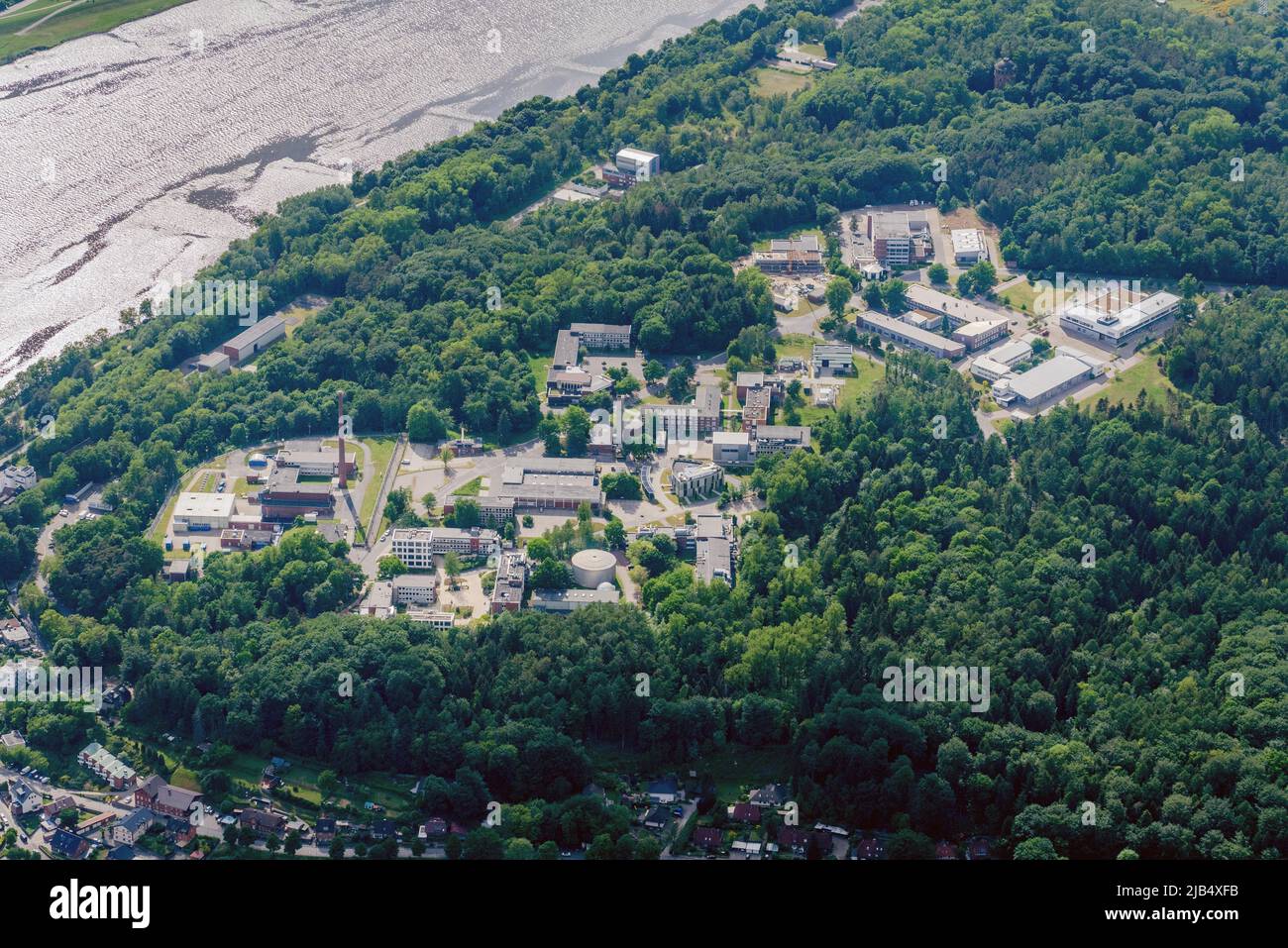 Aerial view of the Helmholtz Centre Hereon, interdisciplinary research centre, Helmholtz Association of German Research Centres, nuclear energy Stock Photo