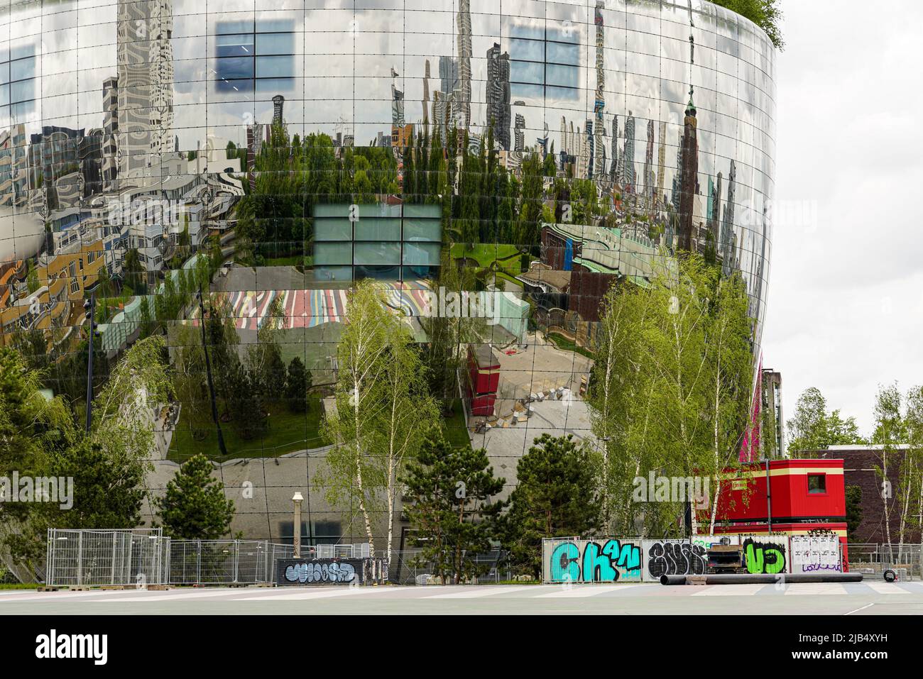 The 40-meter high, six-story Depot in Rotterdam Museum Park, Netherlands on May 25, 2022. The Mirror facade is reflecting the surroundings. Stock Photo