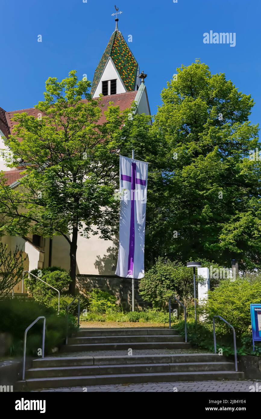 Mauritiuskirche, Protestant church, steeple, place of worship, flag