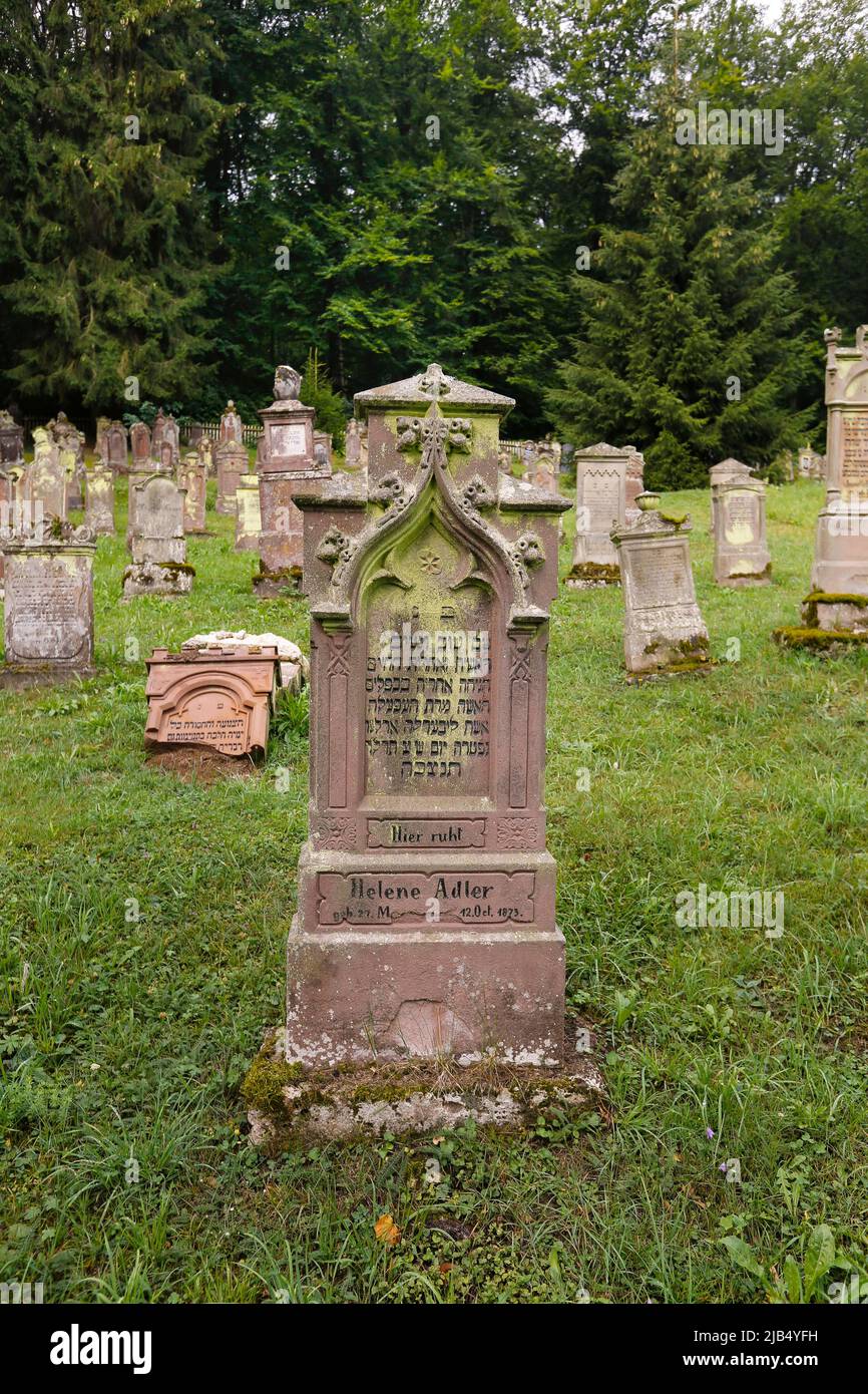 Buttenhausen Jewish cemetery, gravestones, mazewa, matzevah, matzewa, Hebrew script, memorial, Jewish history, protected cultural monument on the Stock Photo