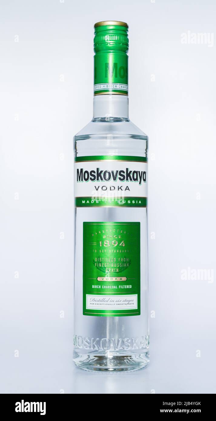 Moskovskaya, bottle of genuine Russian vodka Stock Photo