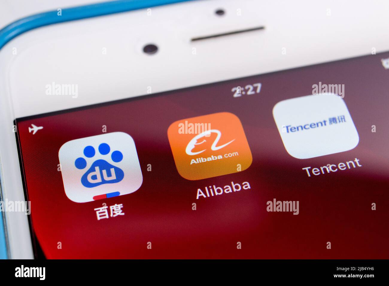 Kumamoto, Japan - Mar 5 2020 : Icons of BAT, China’s biggest tech giants, on an iPhone. Baidu, Alibaba & Tencent are top 3 tech companies in China. Stock Photo