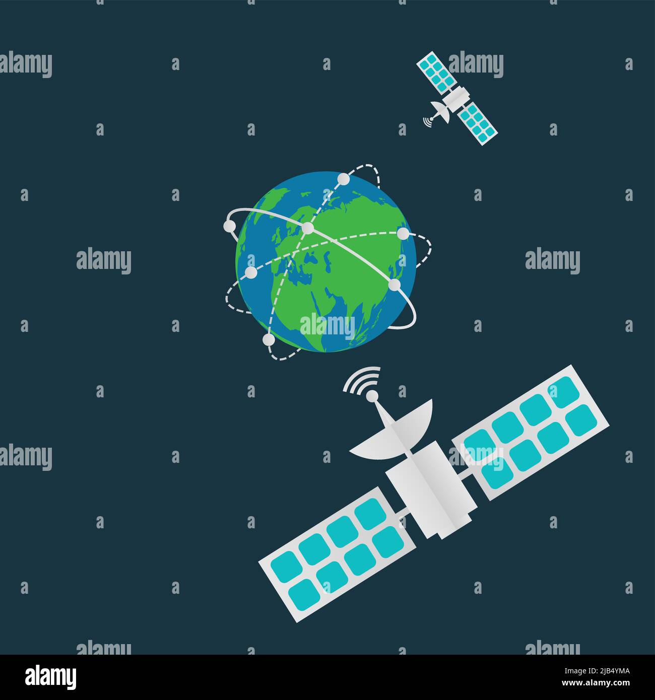 Communication satellites in orbit earth,Digital terrestrial broadcasting antenna spin around the world.vector illustration Stock Vector