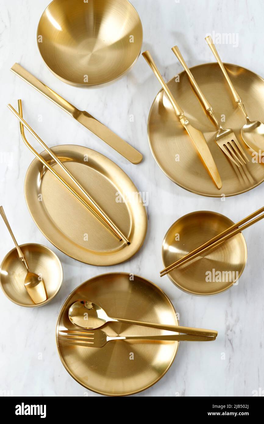 Golden Plate, Bowl, Spoon, Chopstick, and Knife. Korean High Quality