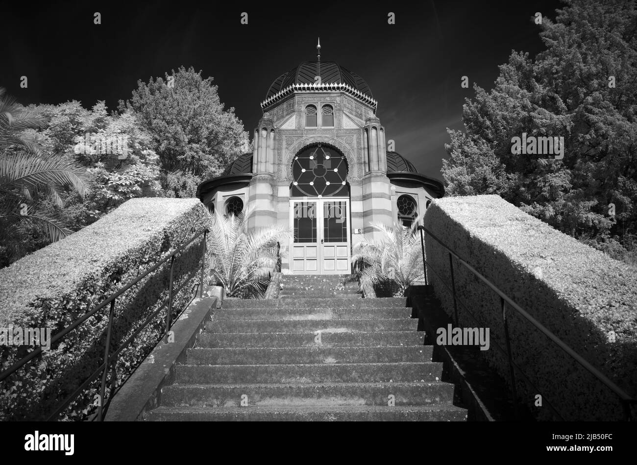Moorish-style belvedere, subtropical terraces, infrared image, Wiilhelma, Zoological-Botanical Garden, Stuttgart, Baden-Wuerttemberg, Germany Stock Photo