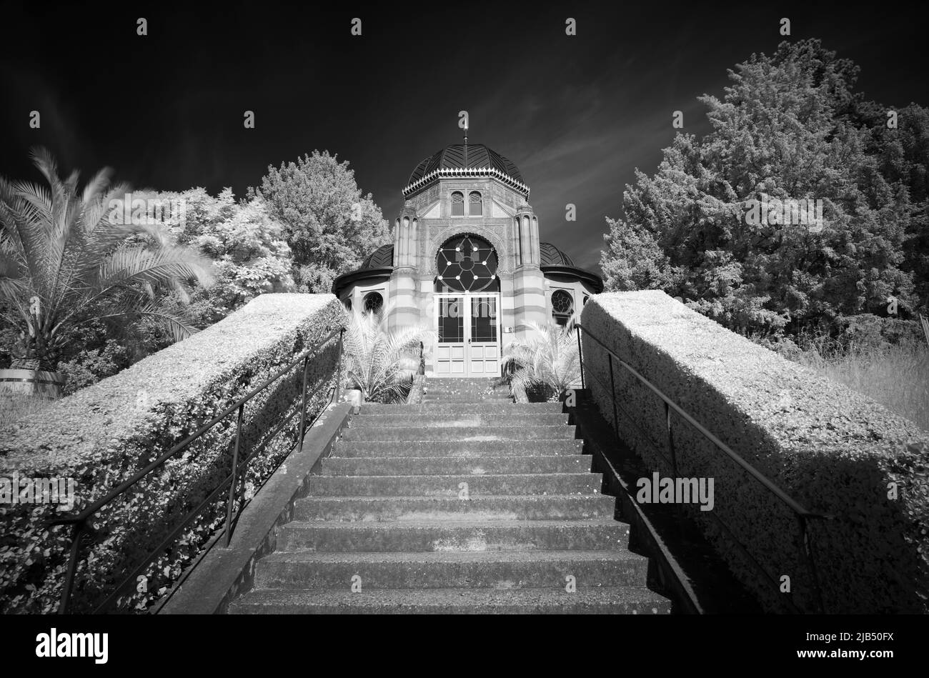 Moorish-style belvedere, subtropical terraces, infrared image, Wiilhelma, Zoological-Botanical Garden, Stuttgart, Baden-Wuerttemberg, Germany Stock Photo