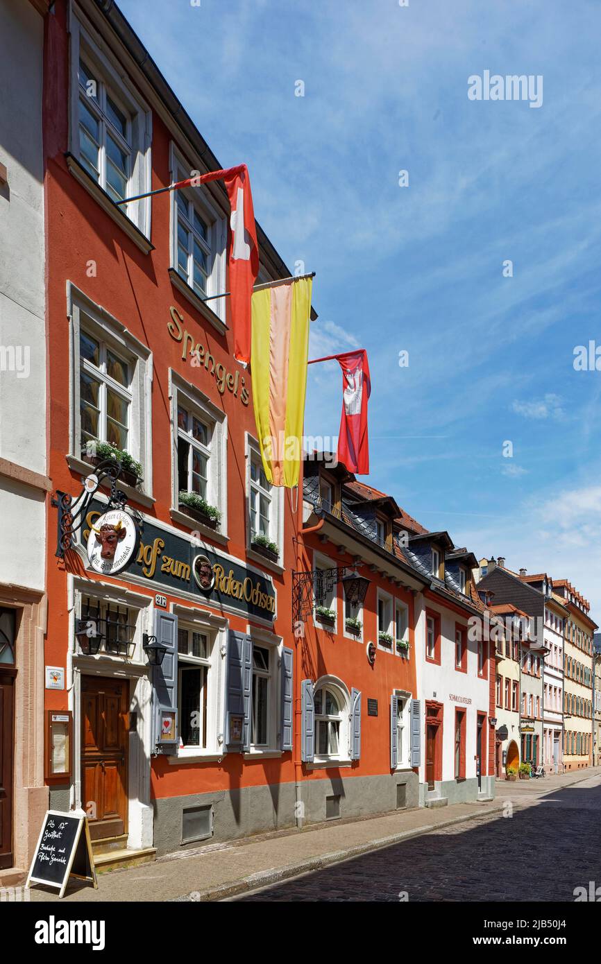 Typical street scene, picturesque, romantic, Spengel's Gasthaus, inn, restaurant, Zum Roten Ochsen, flag, quaint, flag, main street 217, Old Town Stock Photo
