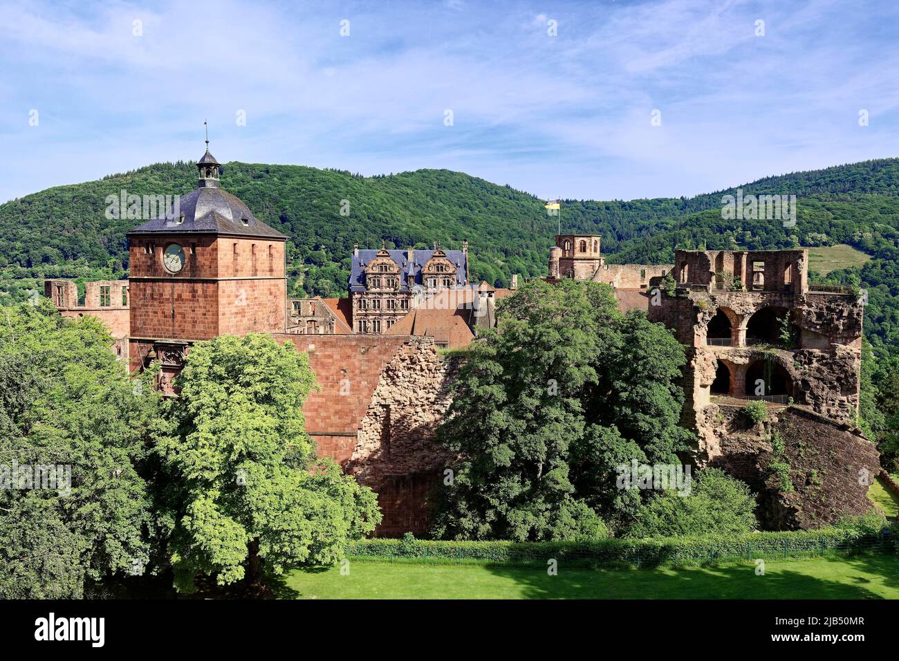 Heidelberg Castle, first mentioned in 1225, red sandstone from the Neckar valley, south view from the Schloss-Wolfsbrunnenweg, gate tower on the Stock Photo