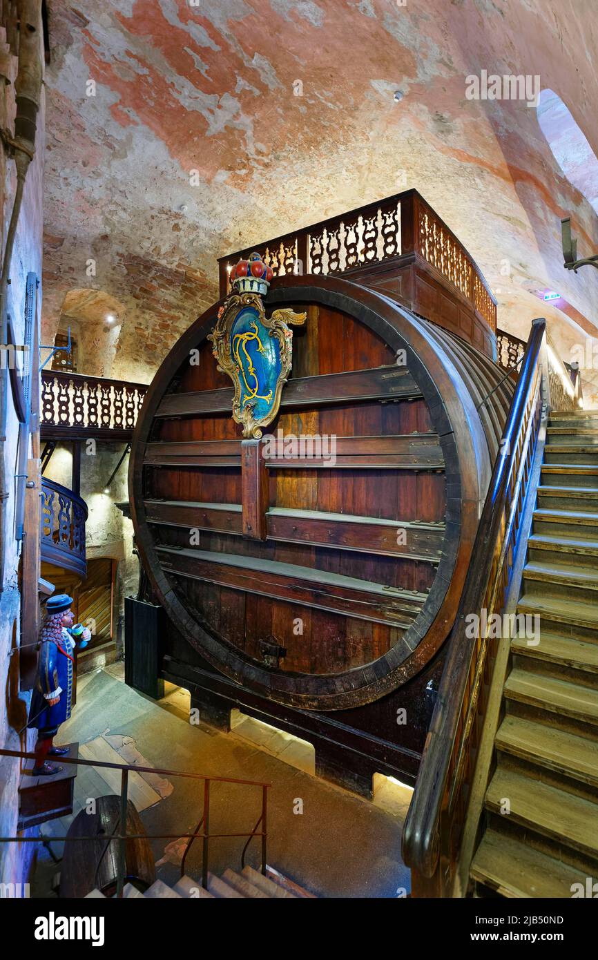 The Great Barrel, Karl Theodor Barrel, built in 1751, wine barrel, capacity 219. 000 litres, on the bottom left Perkeo the wine guard and court Stock Photo