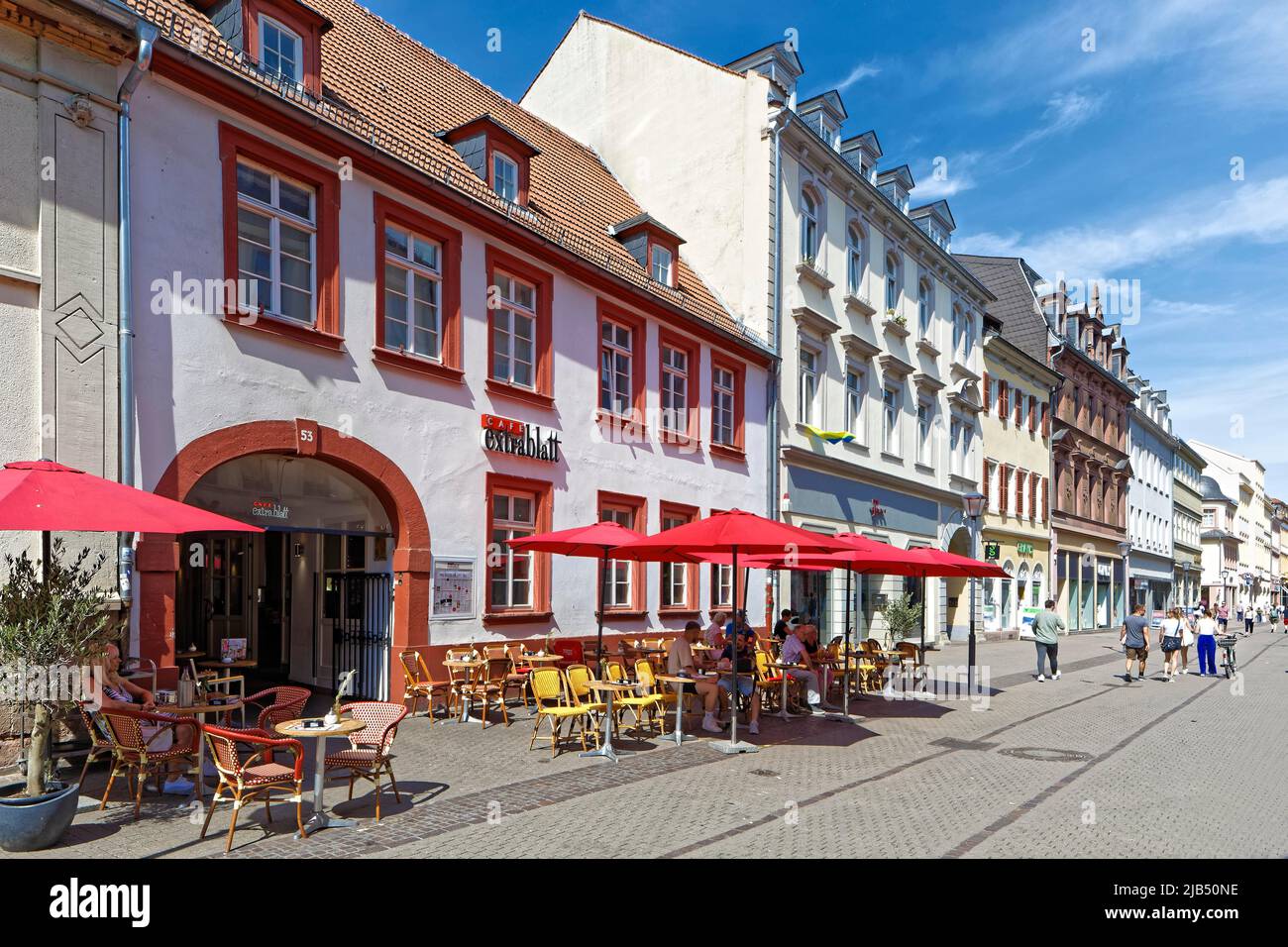 Typical, street scene, outdoor seating, parasol, Cafe extrablatt, shopping street, guests, passers-by, pedestrian zone, Hauptsrasse 53, Old Town Stock Photo