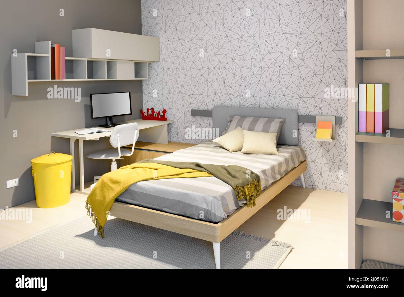 Unmade bed located near table with chair and computer monitor in modern