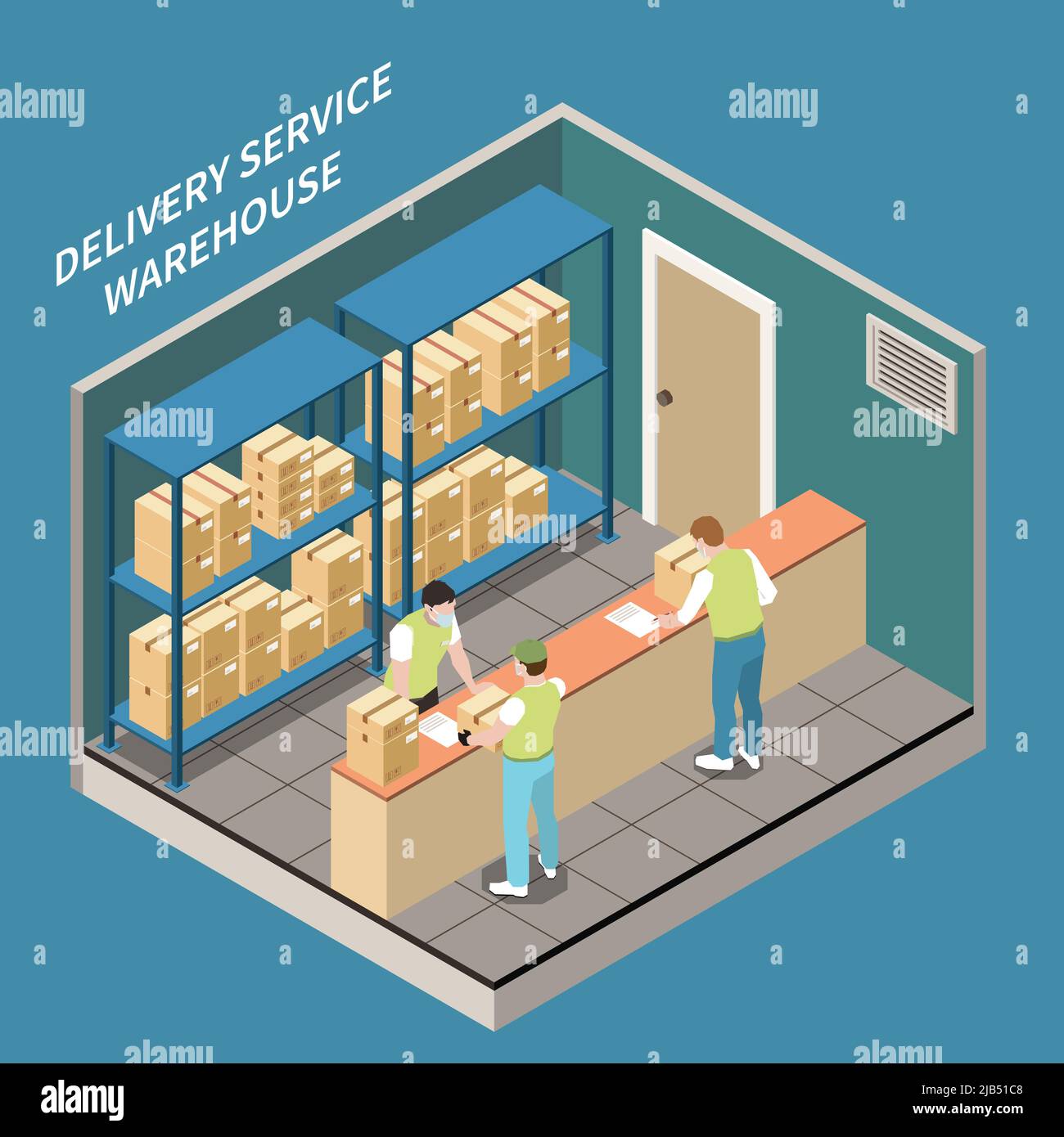 People in medical masks working in delivery service warehouse pick up