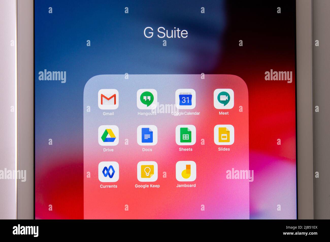 Kumamoto / JAPAN - Oct 3 2020 : G Suite (Gmail, Hangouts, Calendar, Meet, Drive, Docs, Sheets, Slides, Currents, Keep & Jamboard) by Google on iPad Stock Photo